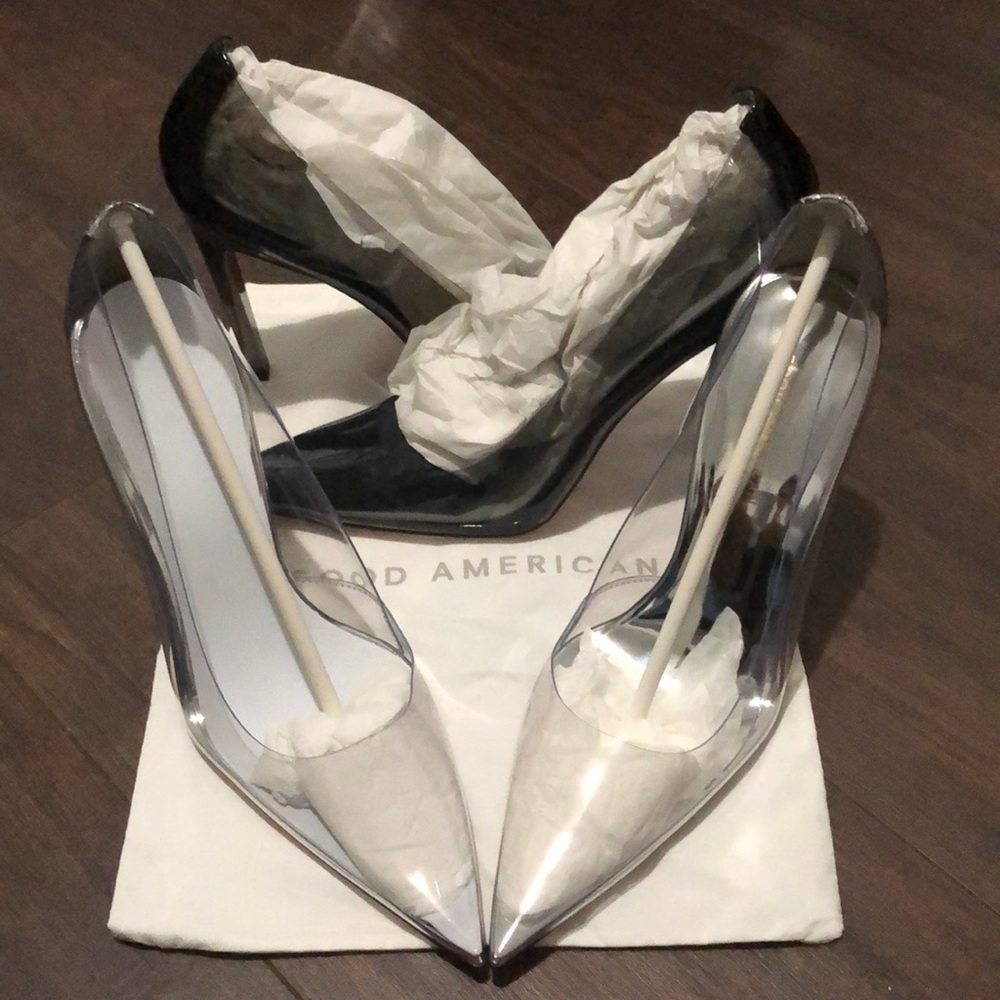 Lot of 2 GOOD AMERICAN CinderRELLA Heels Pump in Glass Clear And Black